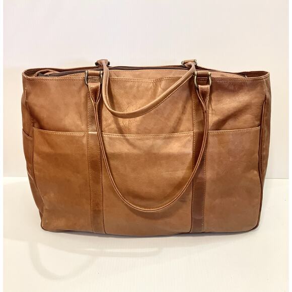 Genuine Leather Tote Large Tan Weekender Carryon Bag Zip Top Made In Colombia - Picture 1 of 8